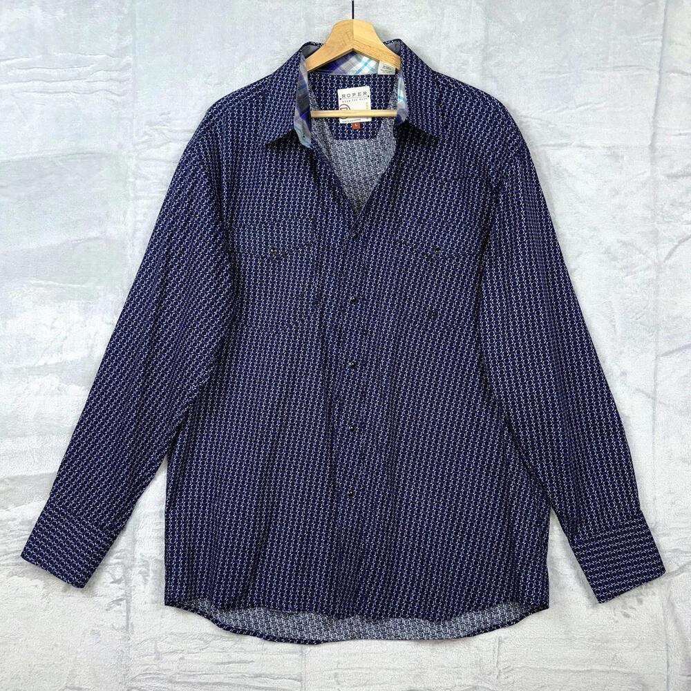 Roper Western Shirt Men’s L Snap Button geometric Patterned Long Sleeve Cowboy